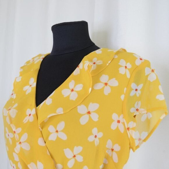 Bardot Yellow Abstract Daisy Yellow Wrap Short Sleeve Mini Dress Sz 8 - Picture 6 of 9